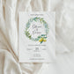 Wedding invitation card with lemon and olive watercolour design for destination italian wedding in italy