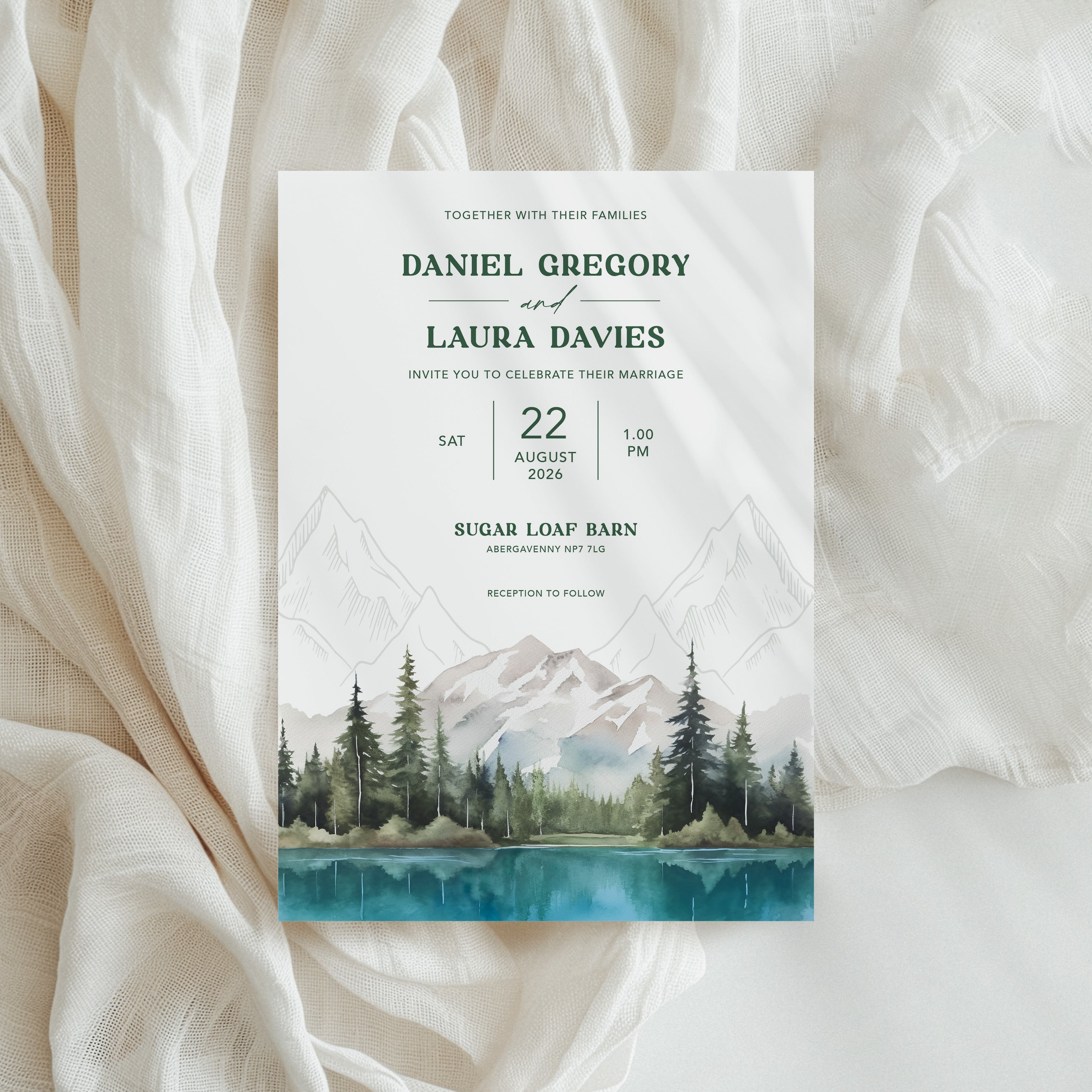 Wedding invitation card with mountain and lake design for adventure couples, hiking, outdoors camping