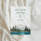 Wedding invitation card with mountain and lake design for adventure couples, hiking, outdoors camping