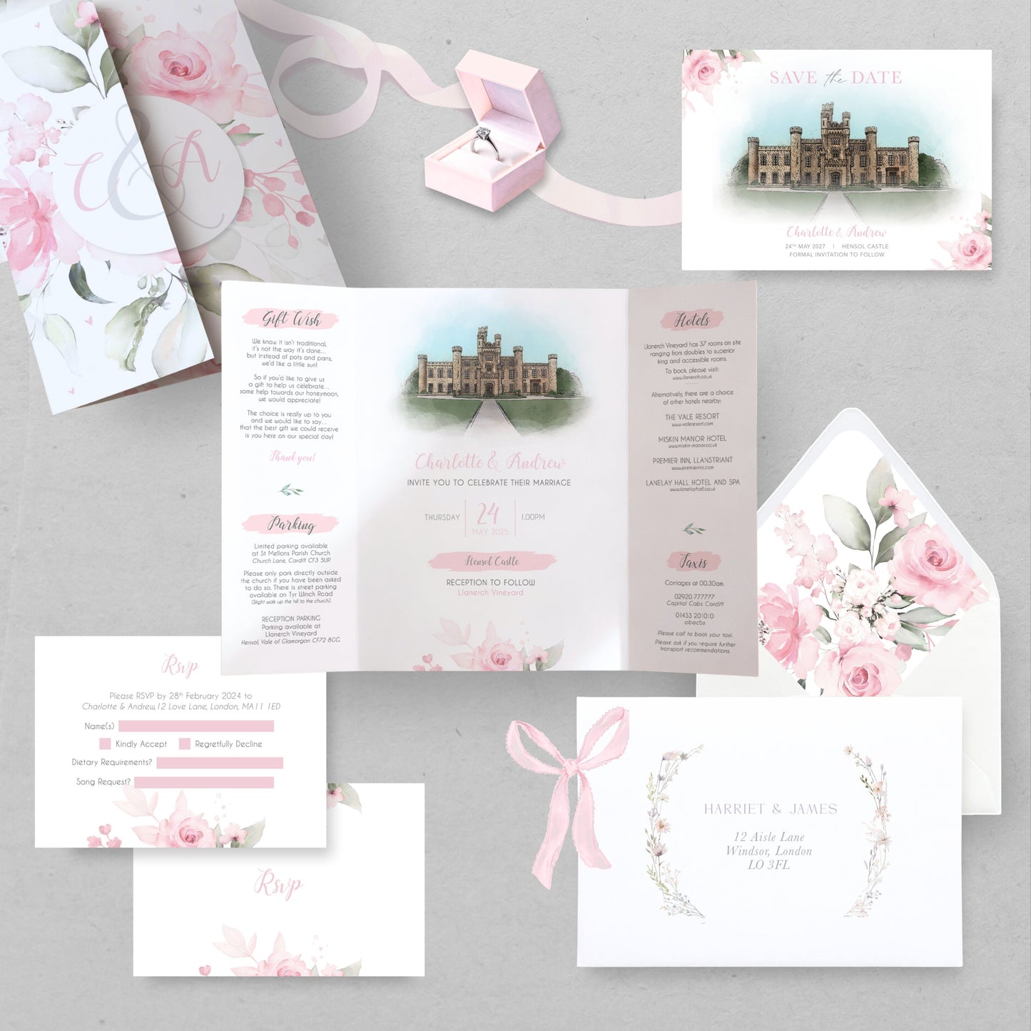 Pink Roses Illustrated Gatefold Wedding Invitation