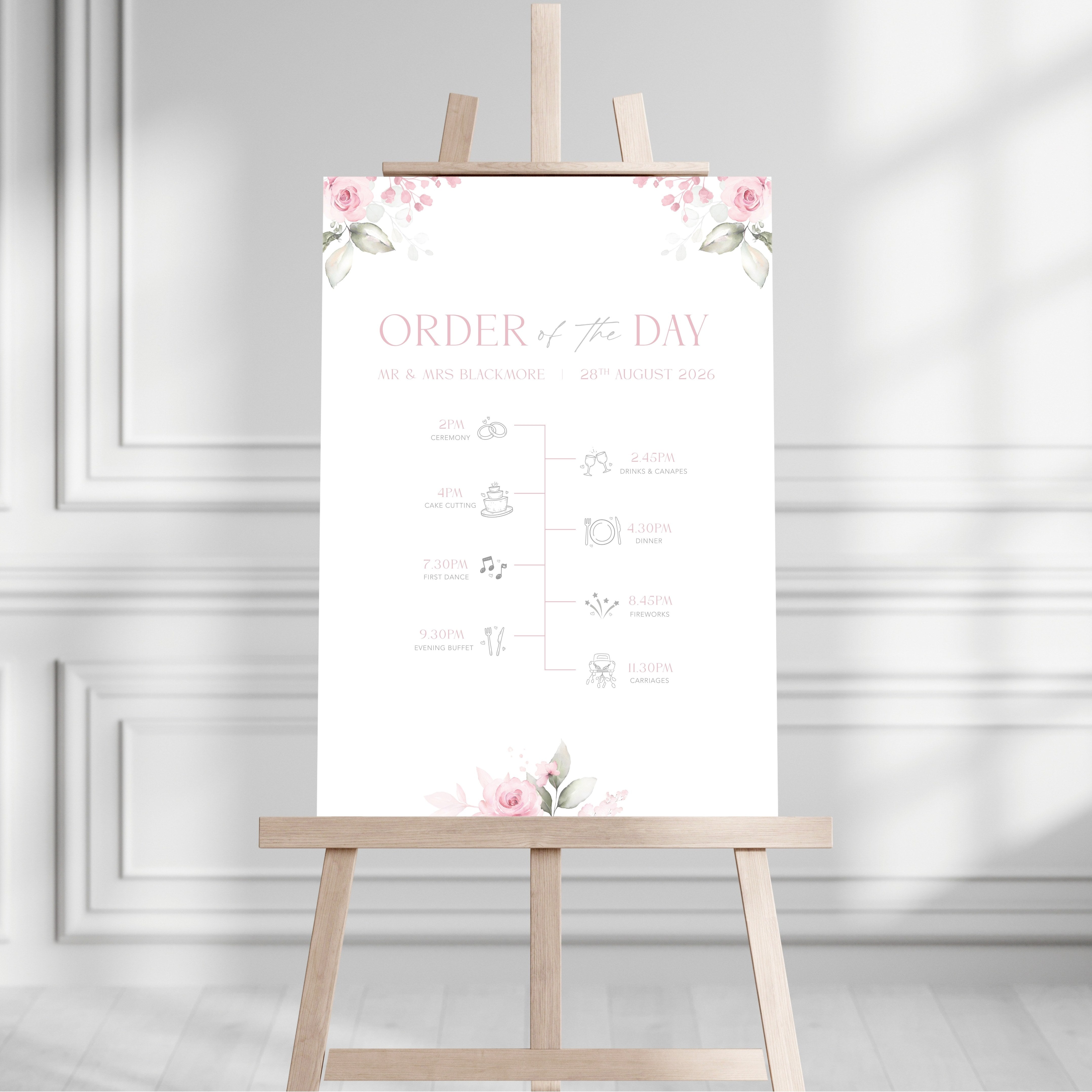 Pink Roses Order of the Day Sign