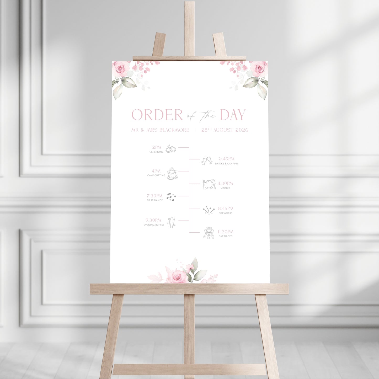 Pink Roses Order of the Day Sign