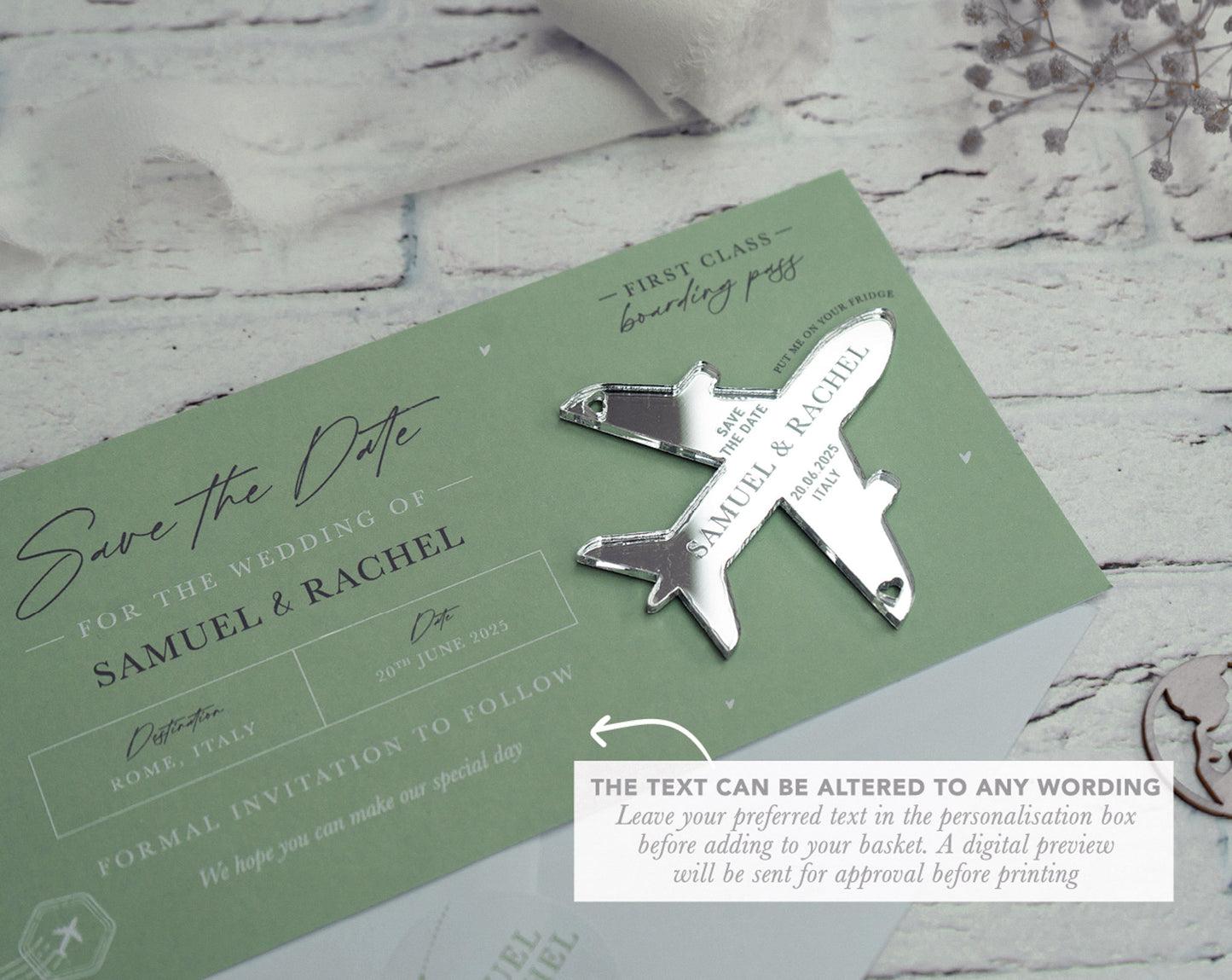 Sage Green Boarding Pass Save the Dates