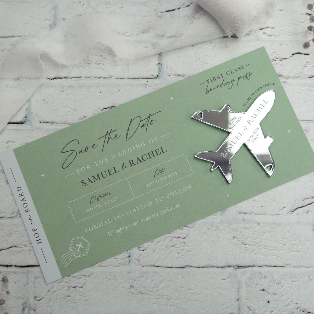 sage green boarding pass save the date with silver acrylic plane fridge magnet keepsake
