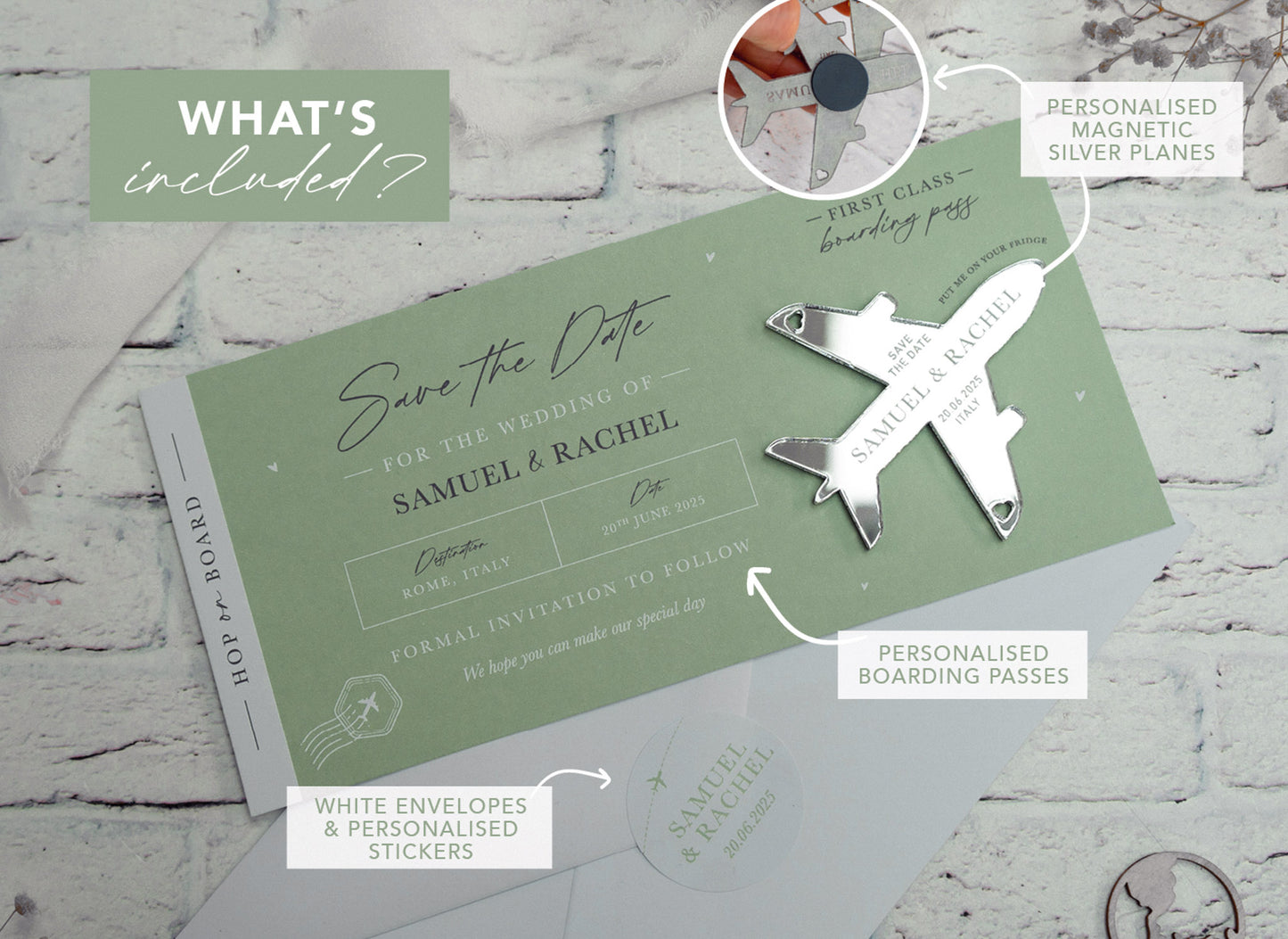 Sage Green Boarding Pass Save the Dates