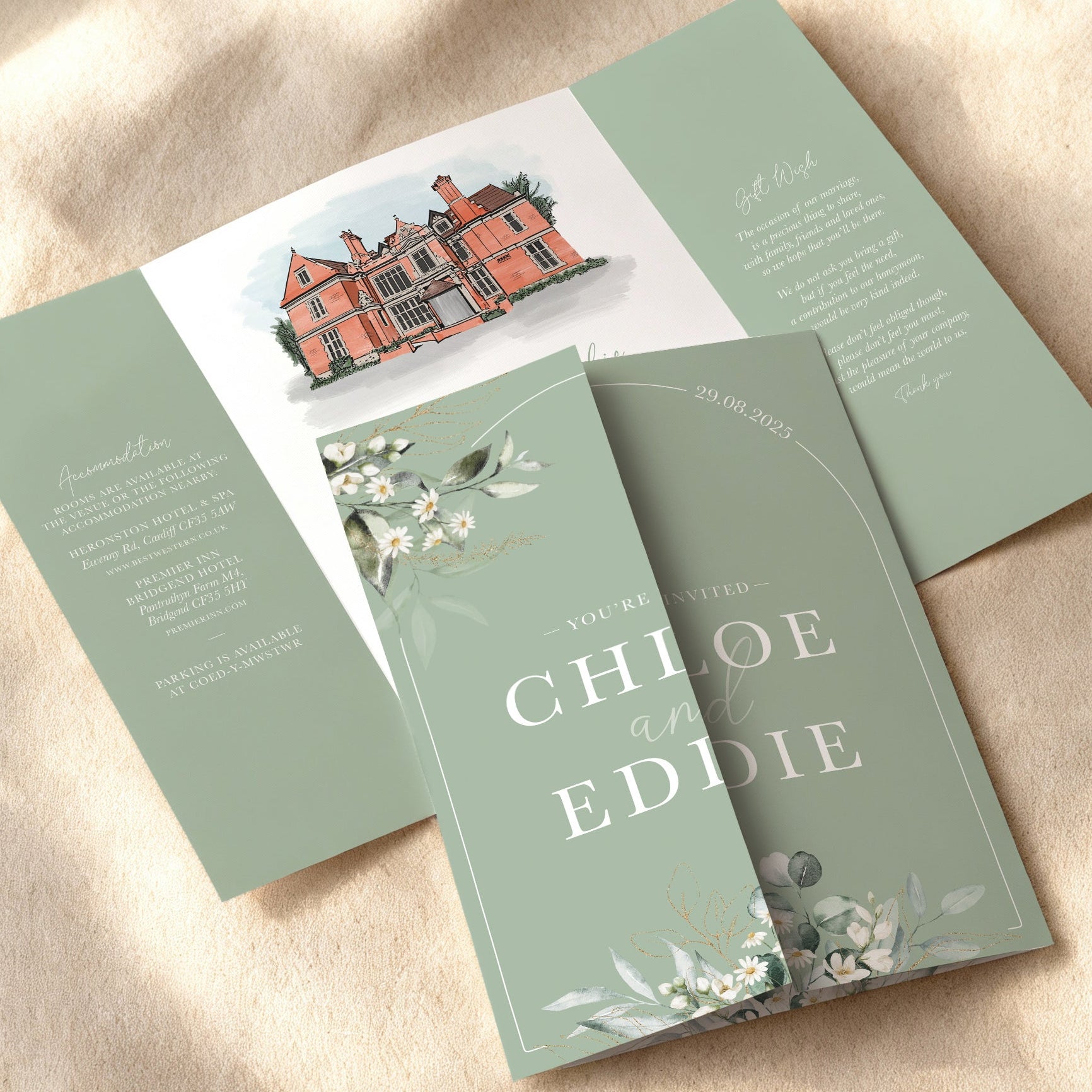 Sage Green Daisy Floral Illustrated Gatefold Wedding Invitation