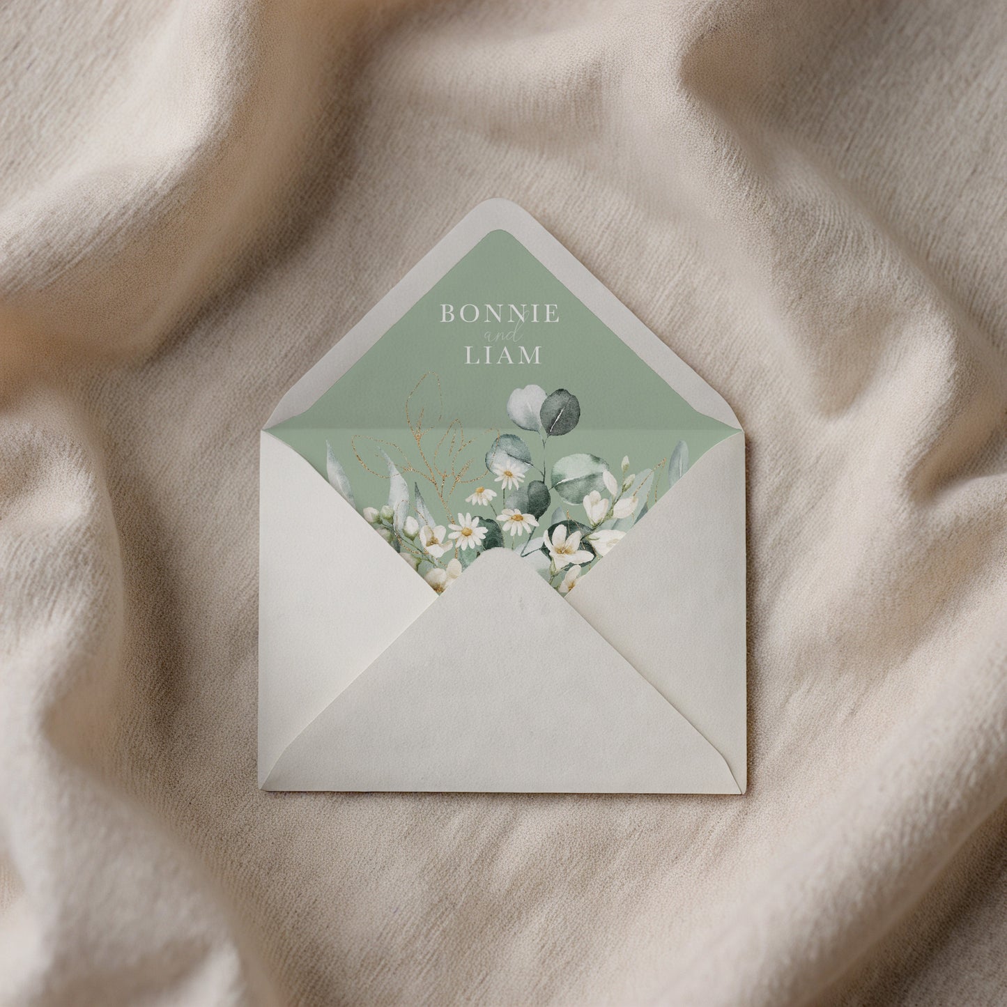 Sage Green Daisy Floral Illustrated Gatefold Wedding Invitation