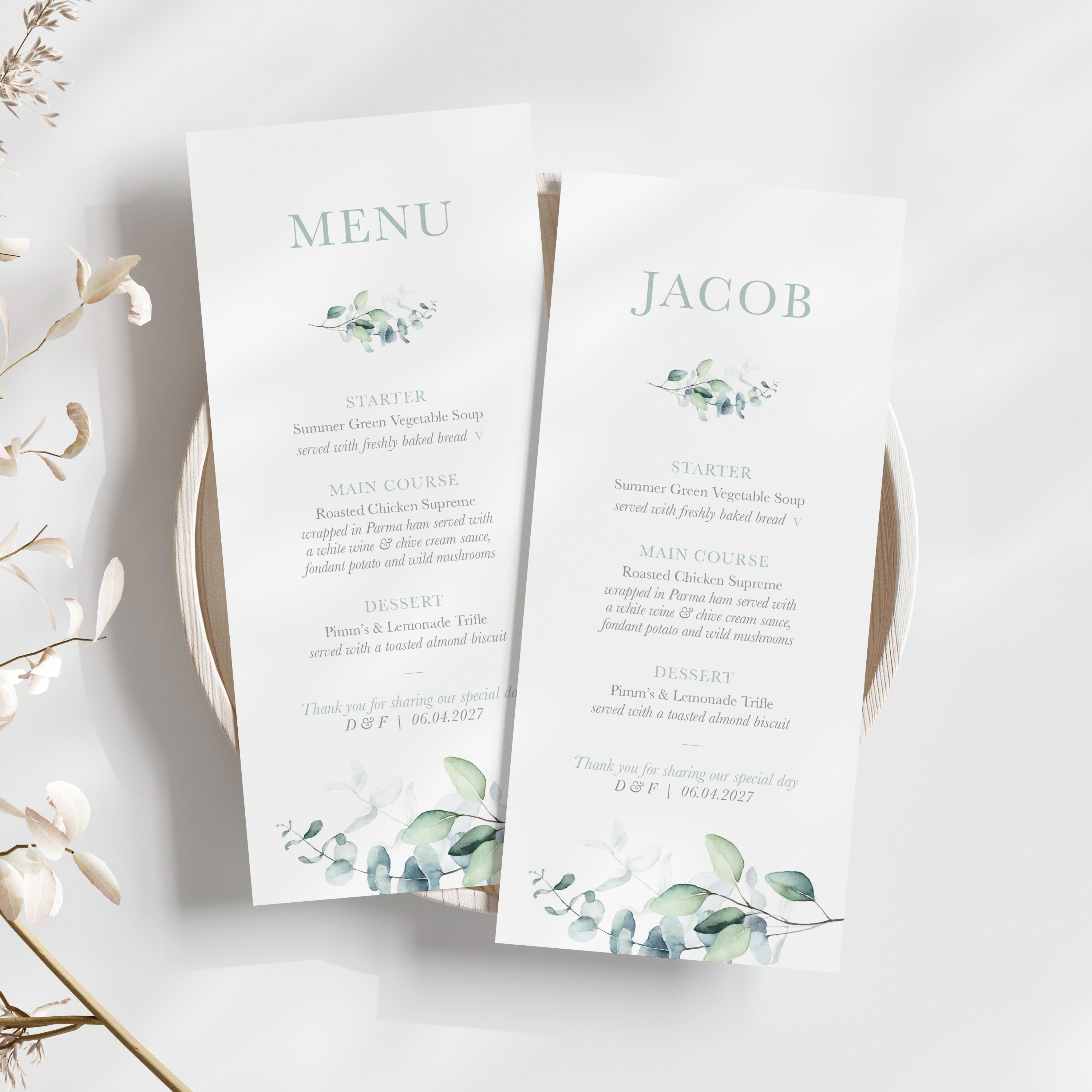Eucalyptus wedding menus, with sage green eucalyptus pattern personalised with guest names 