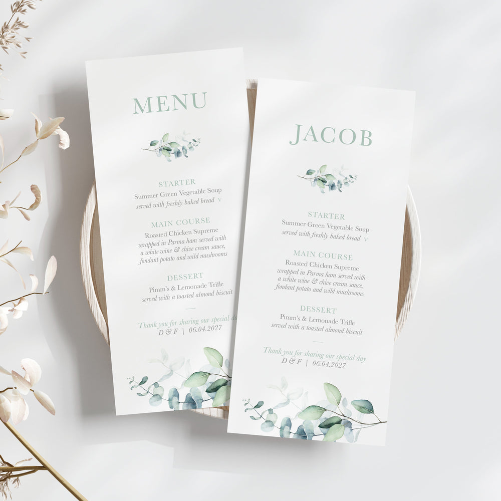 Eucalyptus wedding menus, with sage green eucalyptus pattern personalised with guest names 