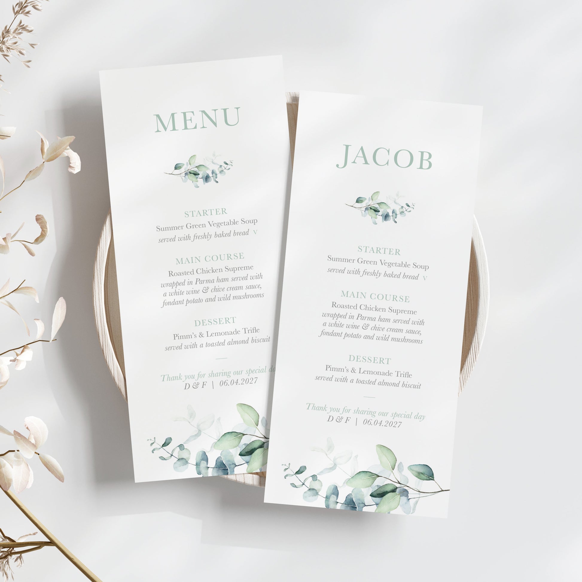 Eucalyptus wedding menus, with sage green eucalyptus pattern personalised with guest names 