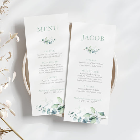 Eucalyptus wedding menus, with sage green eucalyptus pattern personalised with guest names 