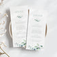 Eucalyptus wedding menus, with sage green eucalyptus pattern personalised with guest names 