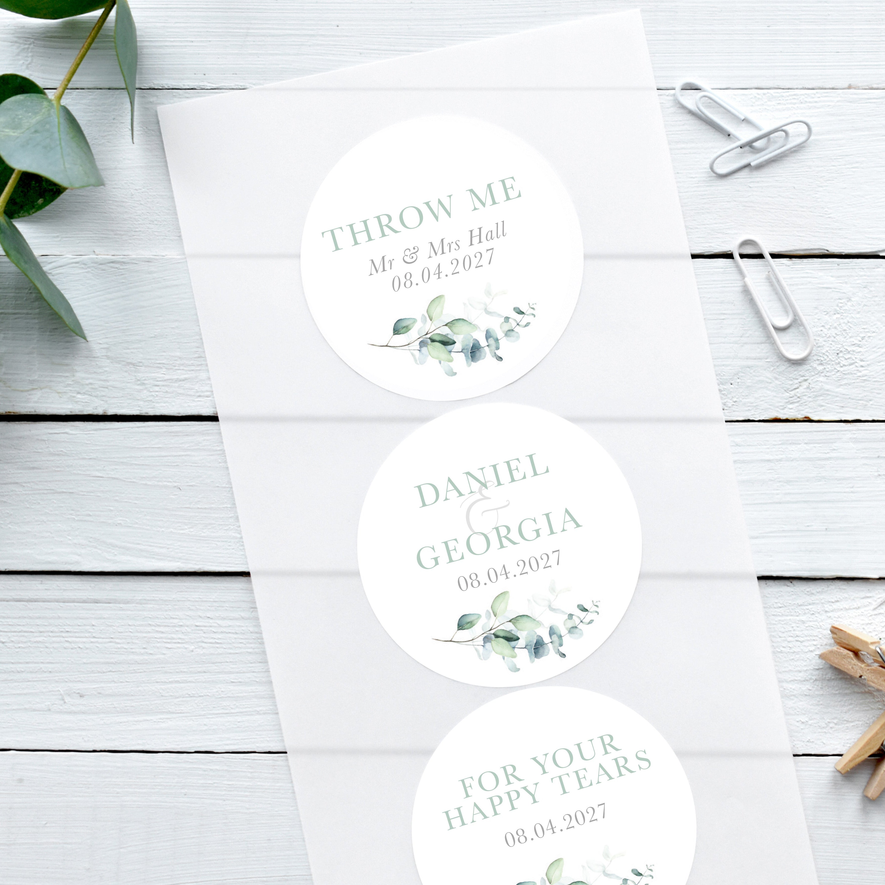sage green eucalyptus wedding stickers, personalised custom wedding stickers, eucalyptus theme with green leaves, happy tear stickers, confetti stickers