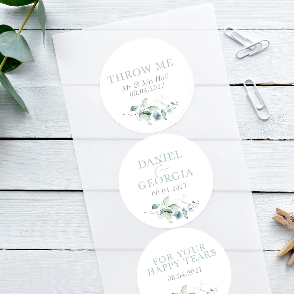 sage green eucalyptus wedding stickers, personalised custom wedding stickers, eucalyptus theme with green leaves, happy tear stickers, confetti stickers