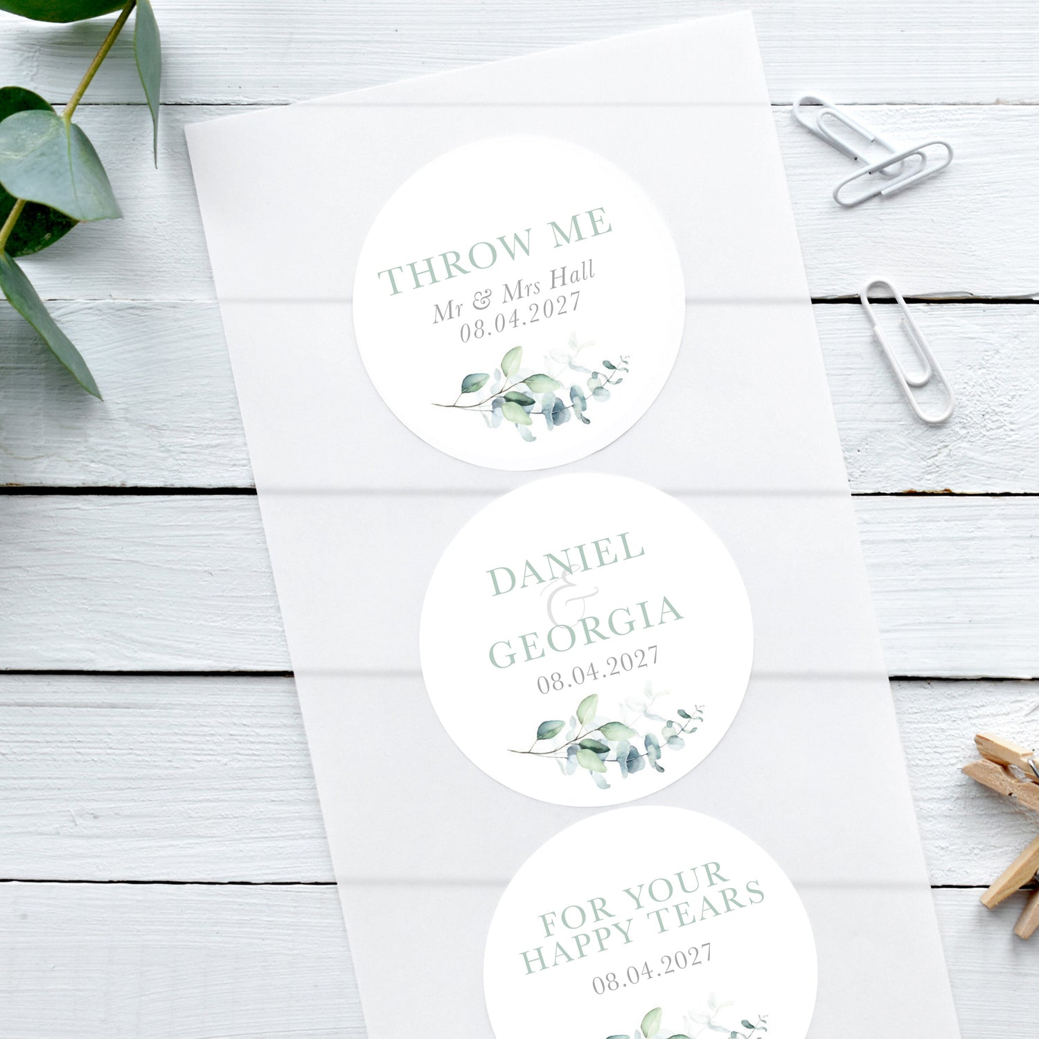 sage green eucalyptus wedding stickers, personalised custom wedding stickers, eucalyptus theme with green leaves, happy tear stickers, confetti stickers