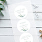 sage green eucalyptus wedding stickers, personalised custom wedding stickers, eucalyptus theme with green leaves, happy tear stickers, confetti stickers