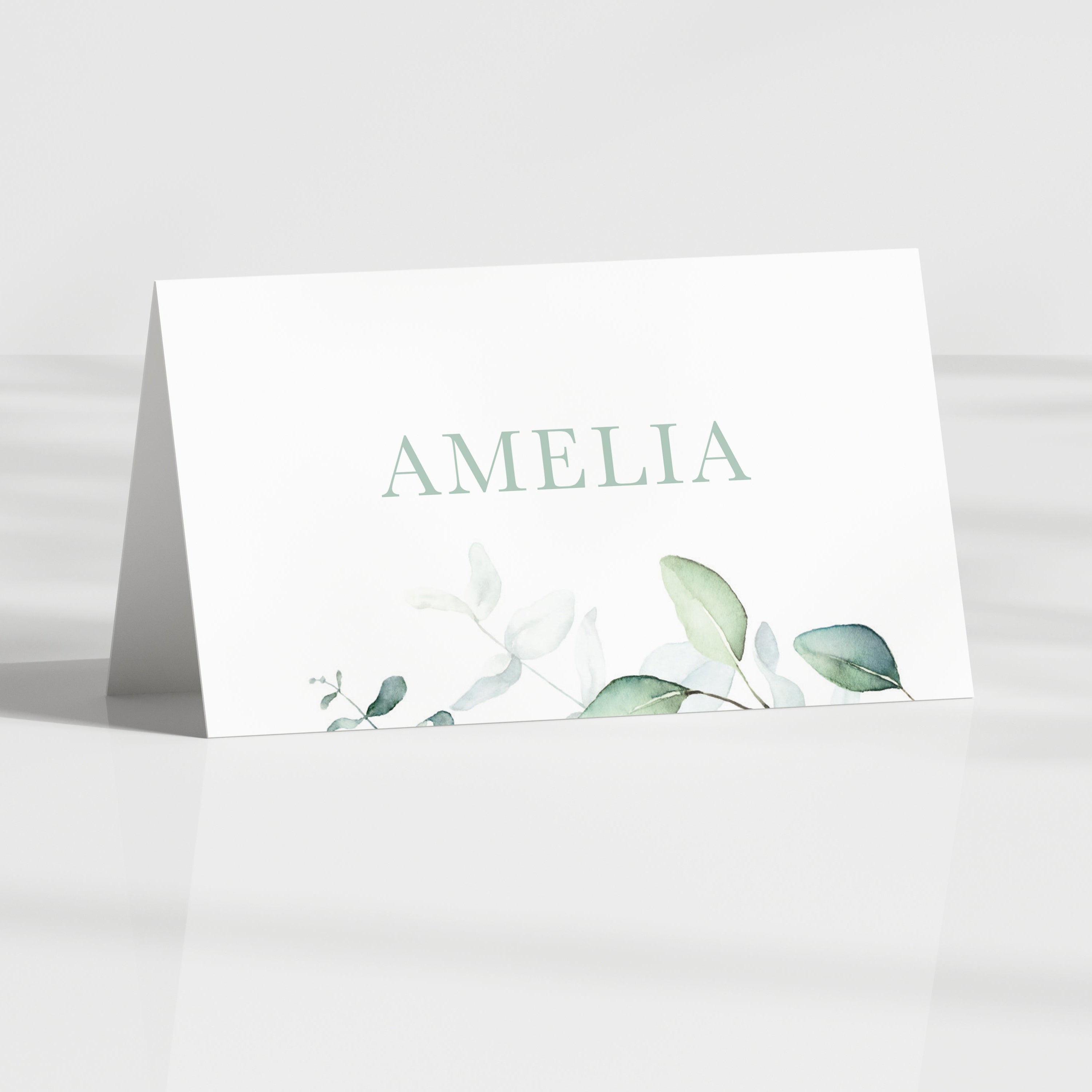 sage green eucalyptus folded name card for wedding table 