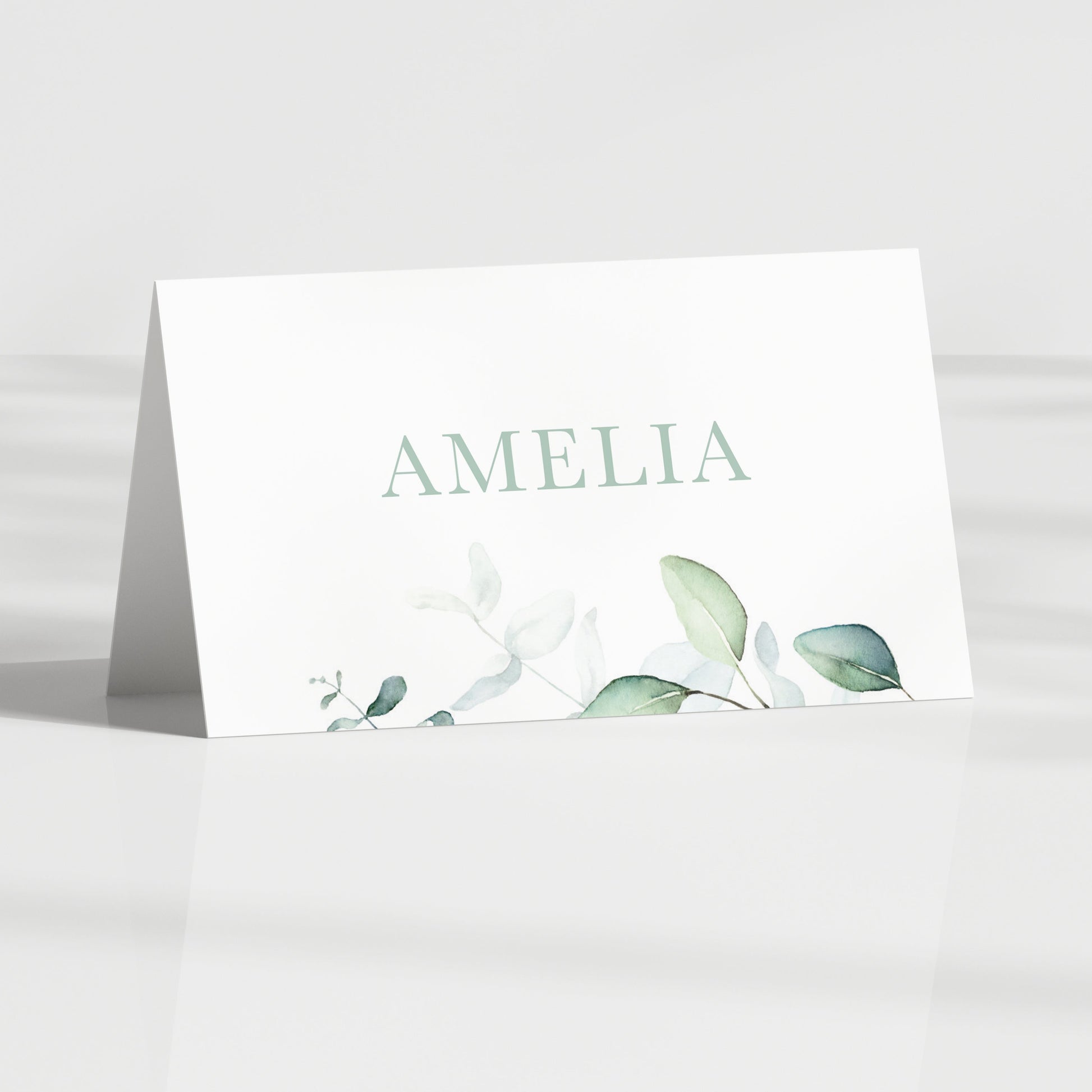 sage green eucalyptus folded name card for wedding table 