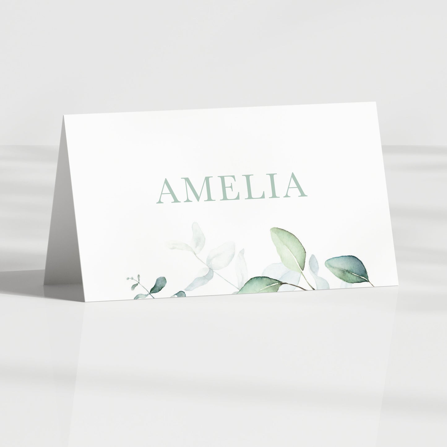 sage green eucalyptus folded name card for wedding table 