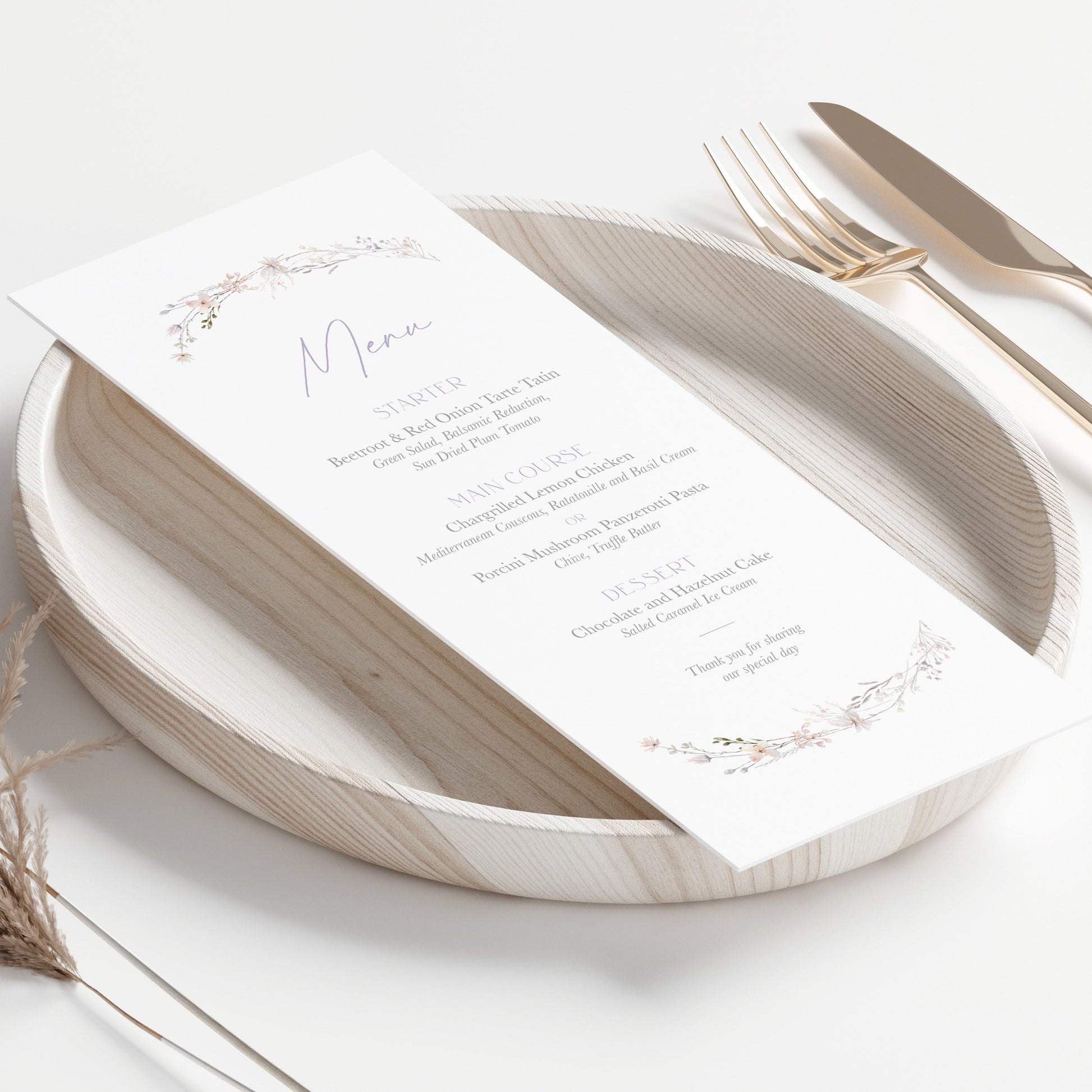 spring wildflower menu design, wedding menus with watercolour wildflowers and lilac text, wedding menu personalised with name 