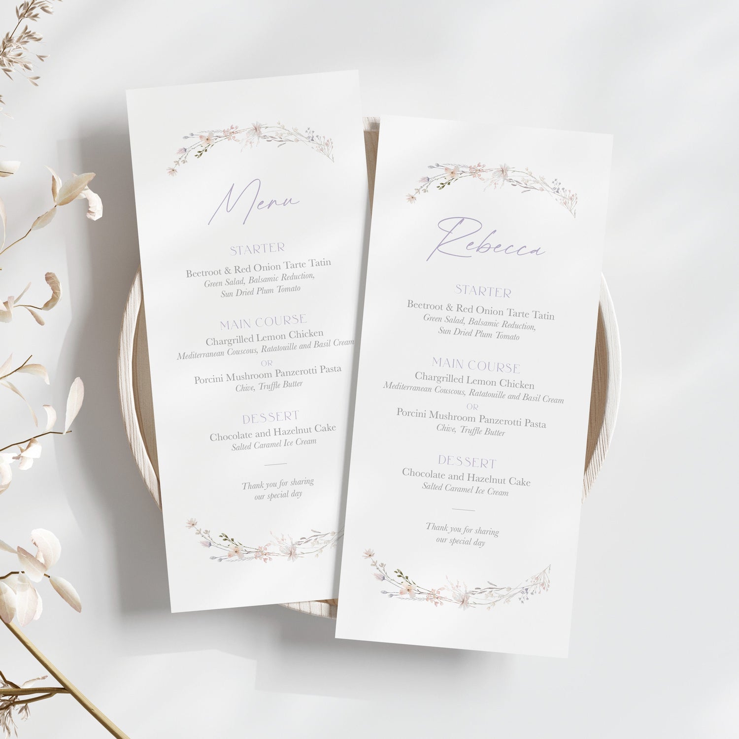 spring wildflower menu design, wedding menus with watercolour wildflowers and lilac text, wedding menu personalised with name 