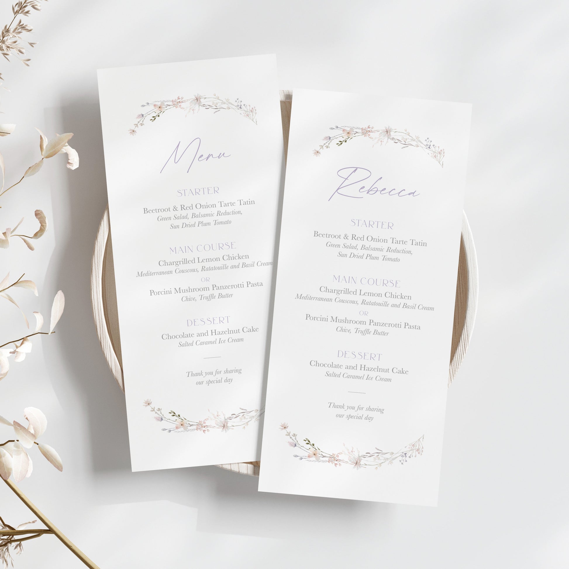 spring wildflower menu design, wedding menus with watercolour wildflowers and lilac text, wedding menu personalised with name 