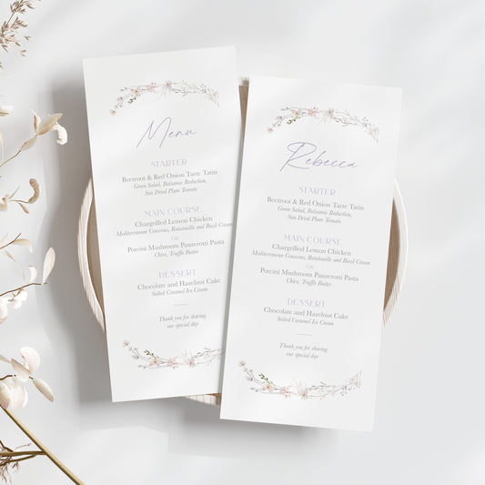 spring wildflower menu design, wedding menus with watercolour wildflowers and lilac text, wedding menu personalised with name 