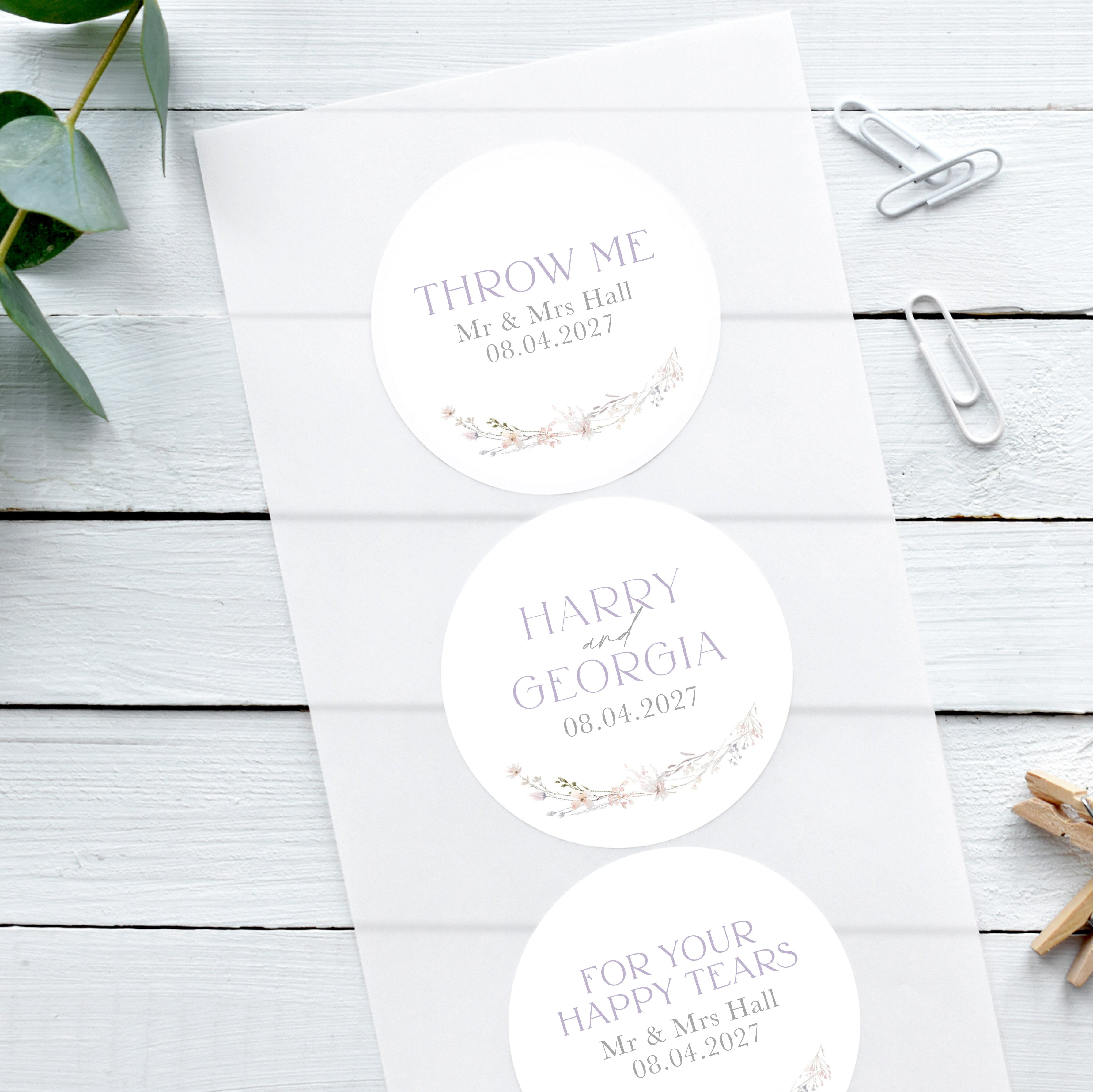spring meadow wildflower wedding stickers, personalised custom wedding stickers, lilac and grey theme with wildflowers, happy tear stickers, confetti stickers