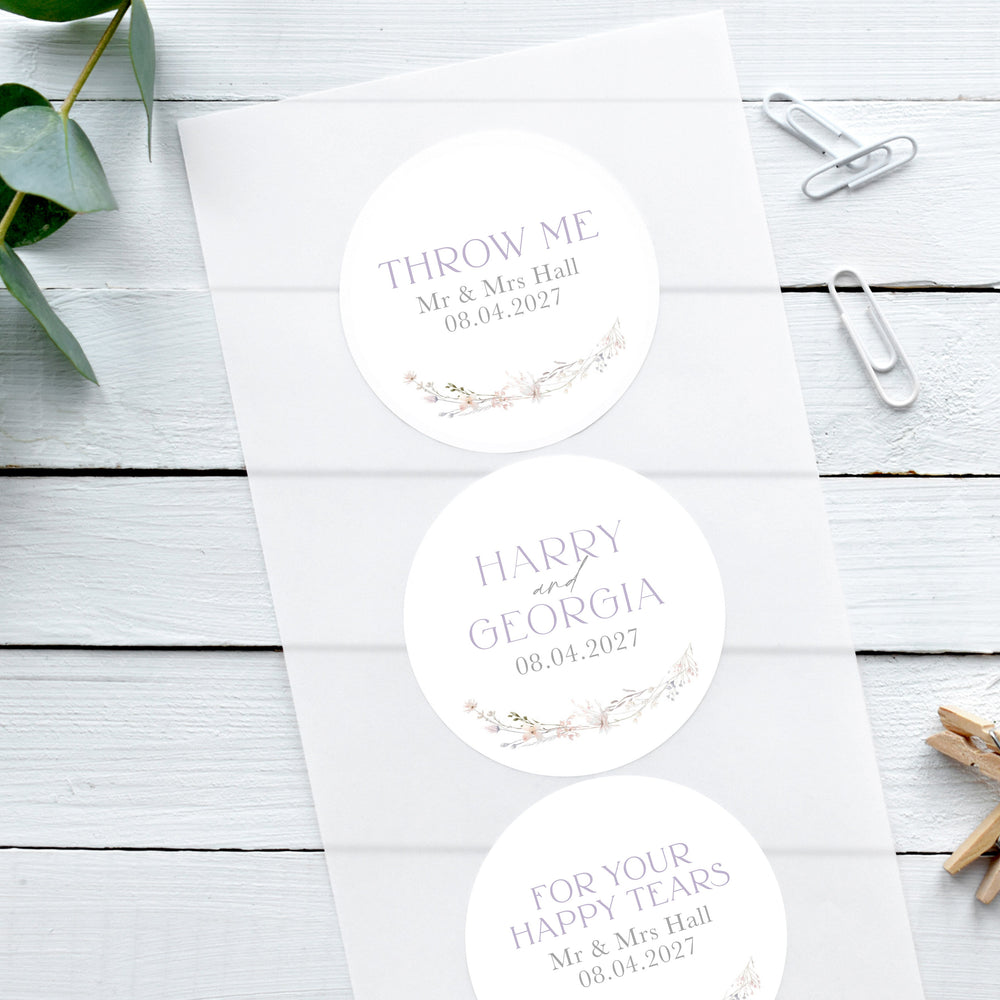 spring meadow wildflower wedding stickers, personalised custom wedding stickers, lilac and grey theme with wildflowers, happy tear stickers, confetti stickers