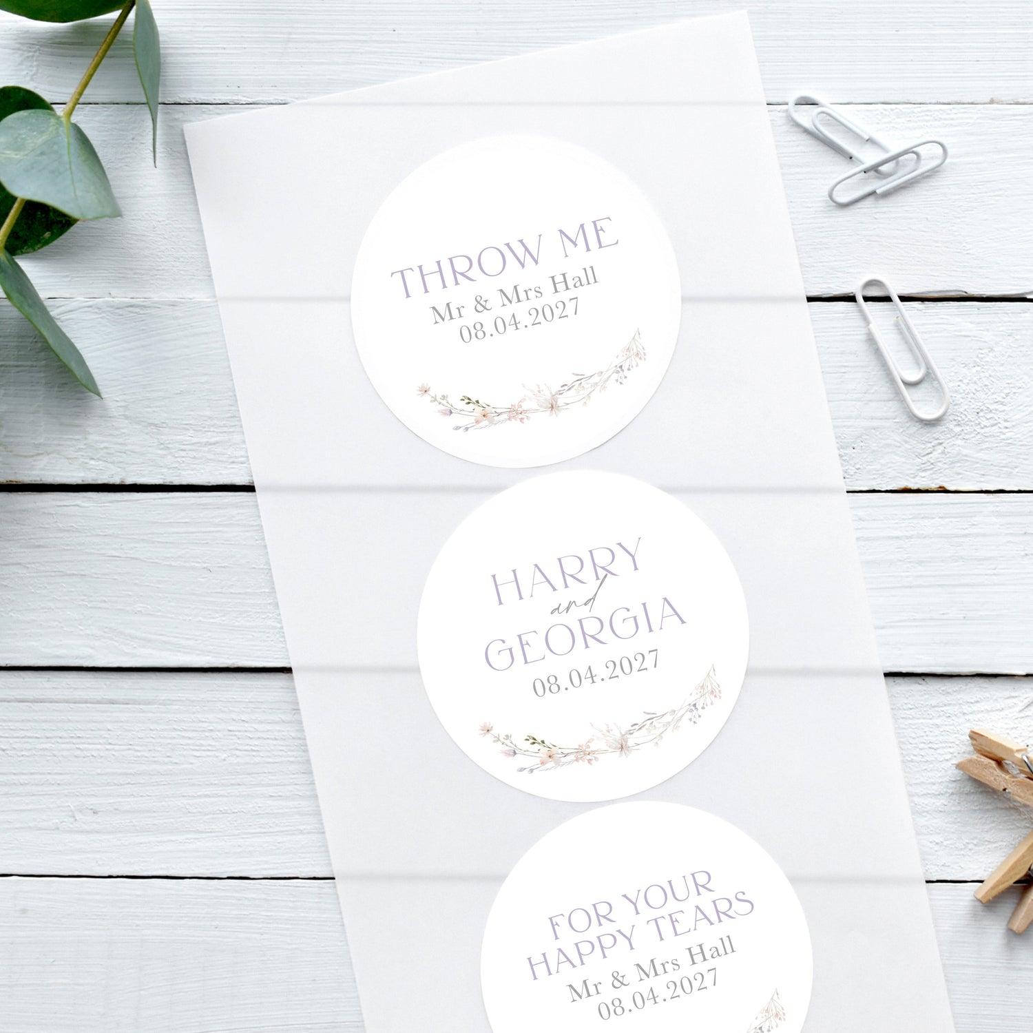 spring meadow wildflower wedding stickers, personalised custom wedding stickers, lilac and grey theme with wildflowers, happy tear stickers, confetti stickers