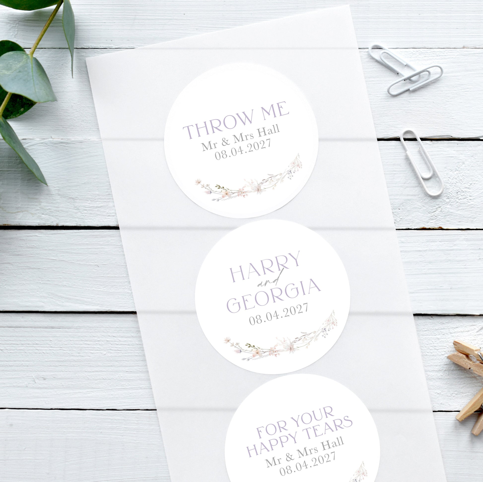 spring meadow wildflower wedding stickers, personalised custom wedding stickers, lilac and grey theme with wildflowers, happy tear stickers, confetti stickers
