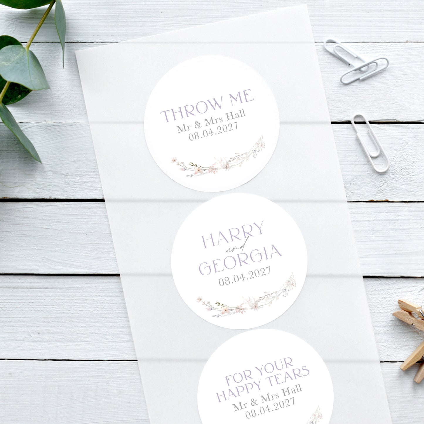 spring meadow wildflower wedding stickers, personalised custom wedding stickers, lilac and grey theme with wildflowers, happy tear stickers, confetti stickers