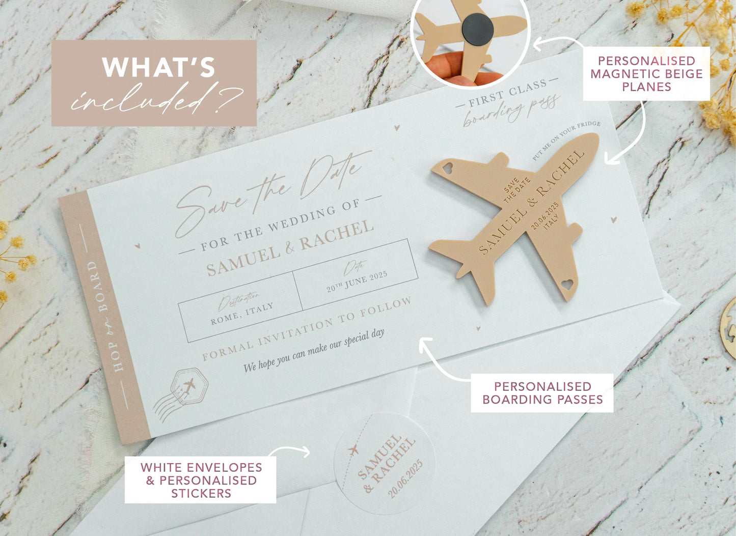 White & Beige Boarding Pass Save the Dates