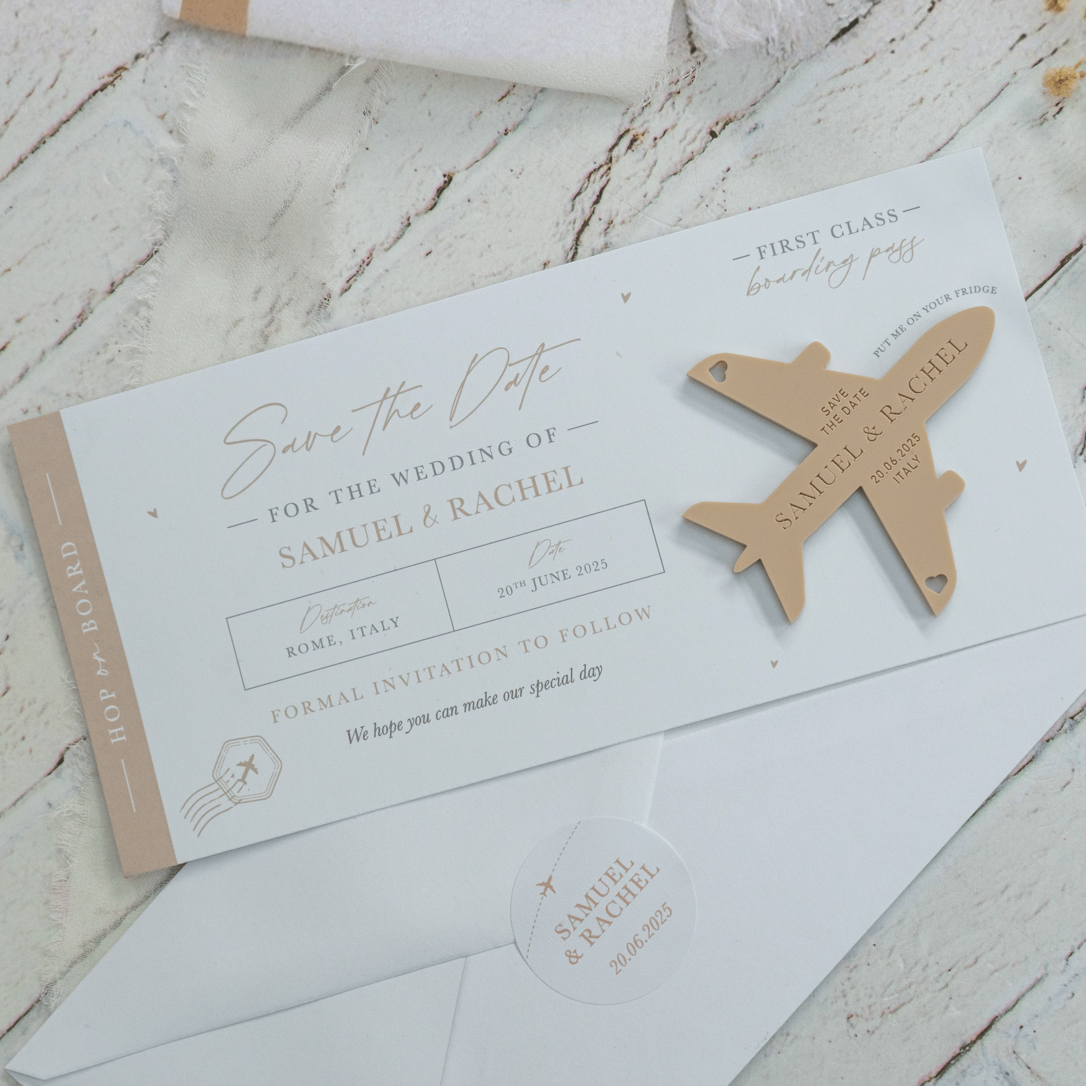 White & Beige Boarding Pass Save the Dates