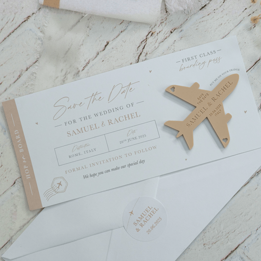 White & Beige Boarding Pass Save the Dates