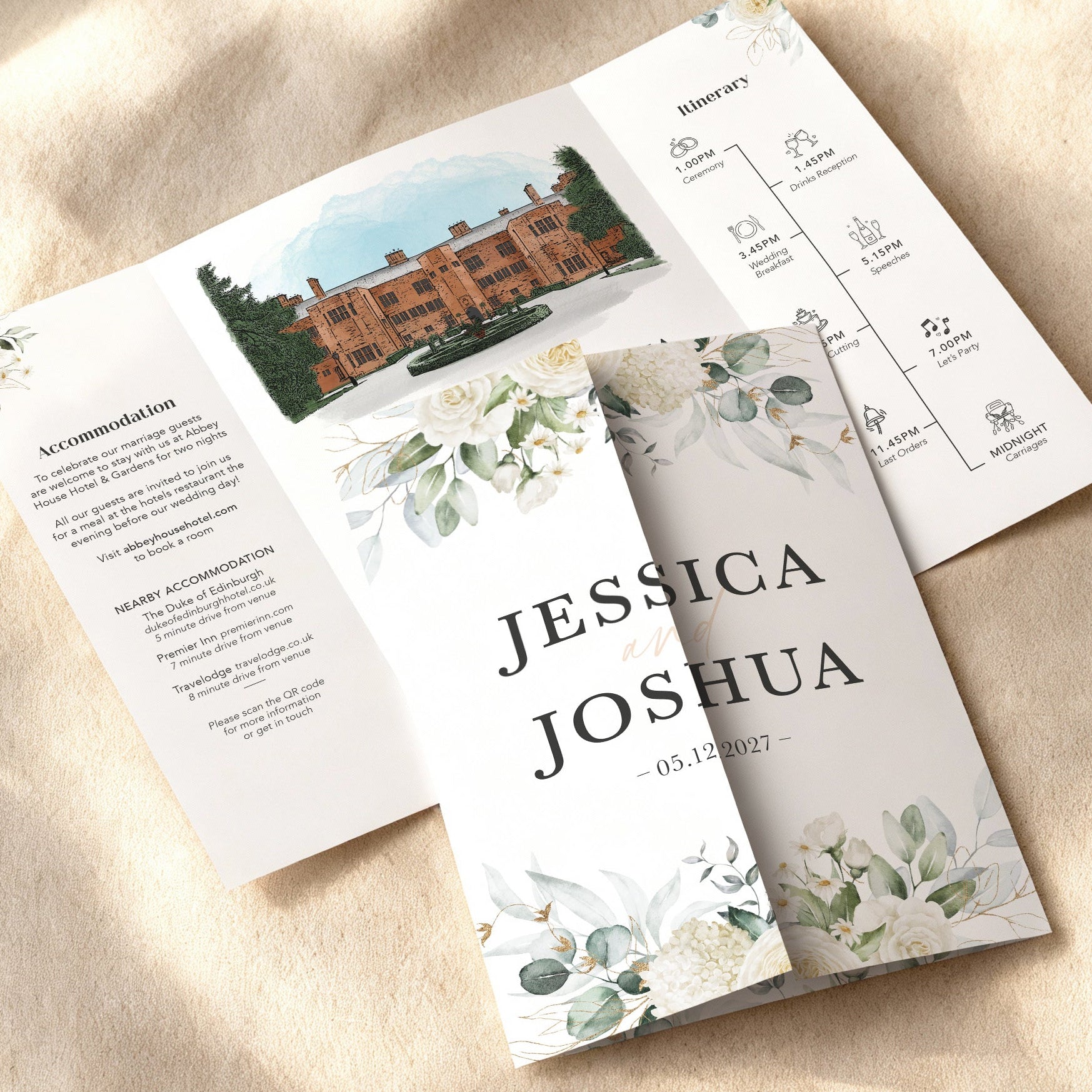 White Floral Illustrated Gatefold Wedding Invitation