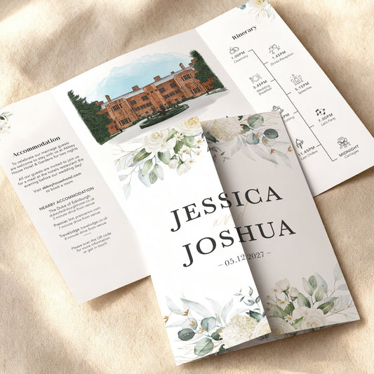 White Floral Illustrated Gatefold Wedding Invitation