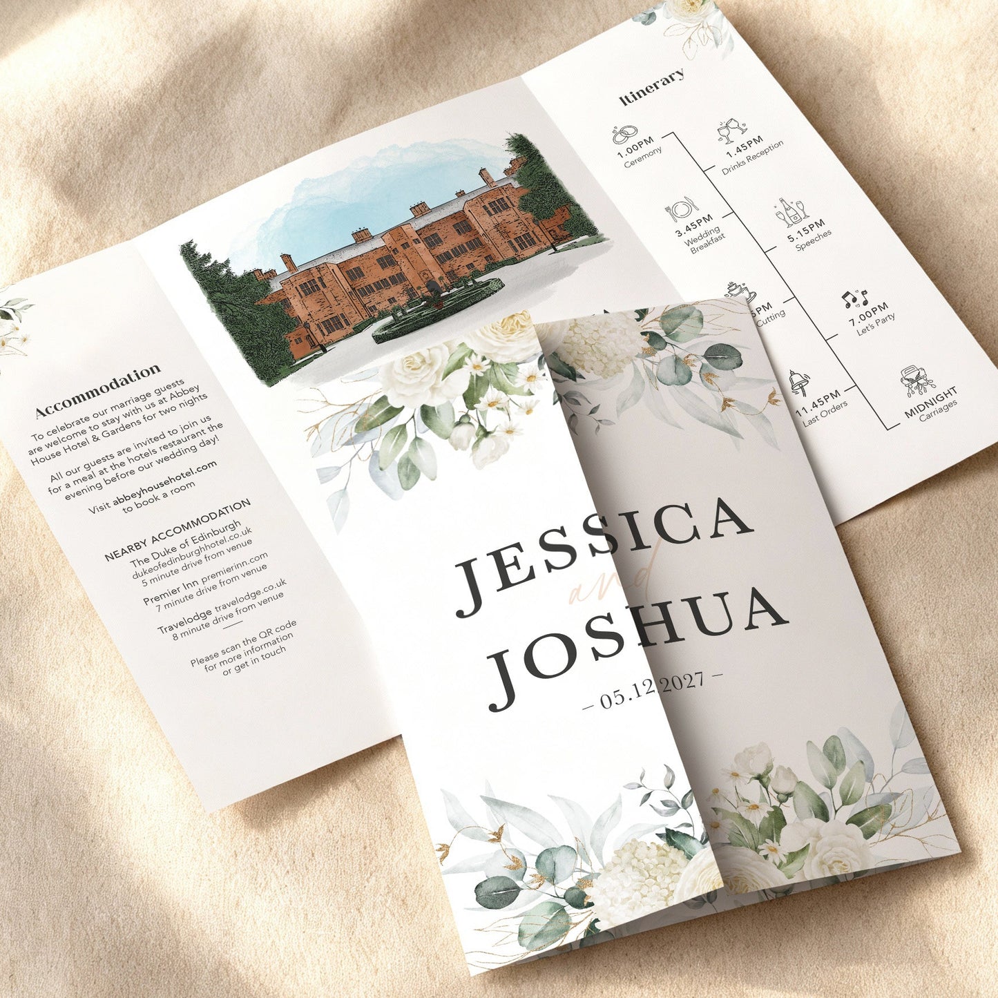 White Floral Illustrated Gatefold Wedding Invitation