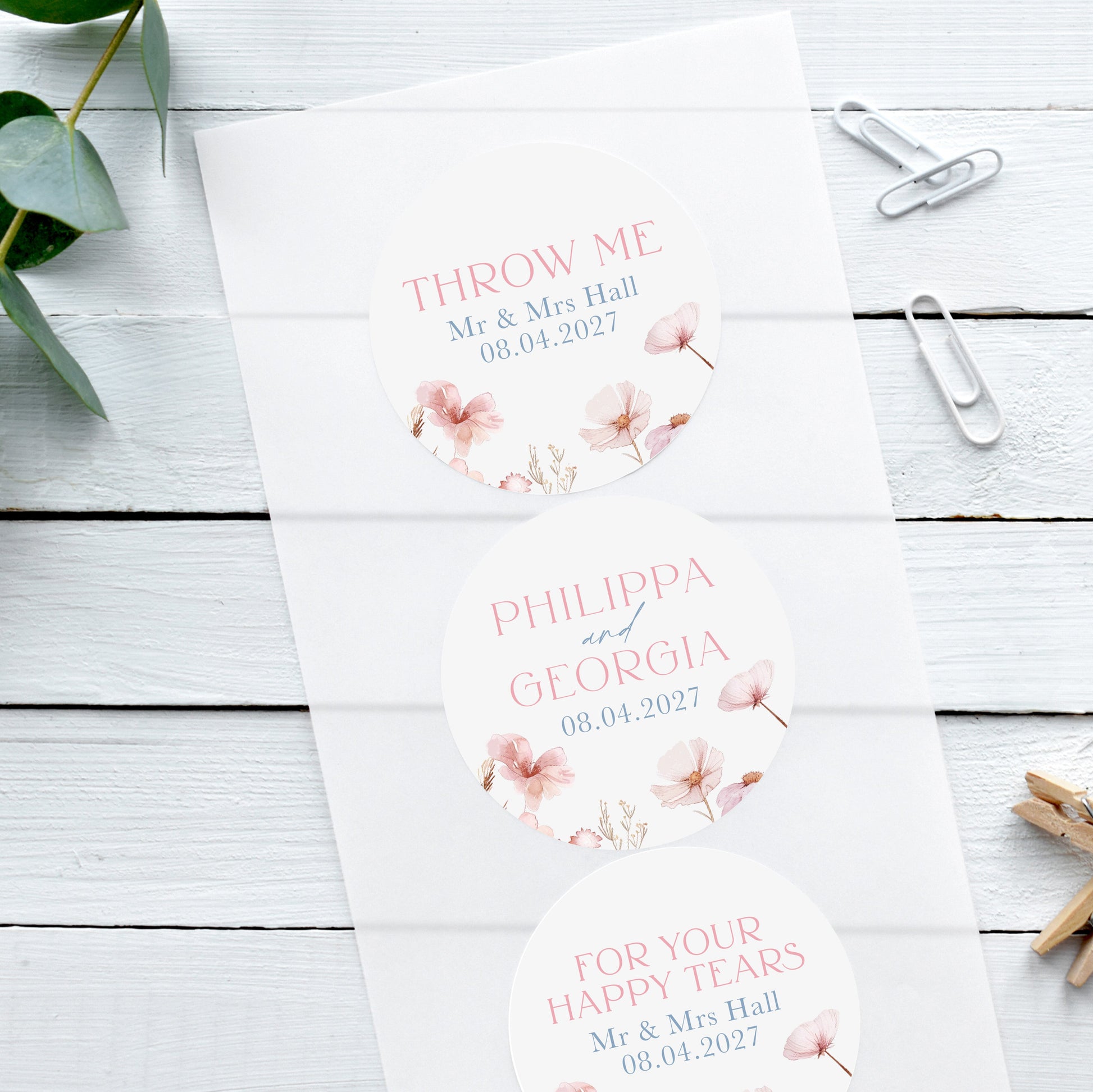 dusky haze wildflower wedding stickers, personalised custom wedding stickers, pink and blue pastel theme with wildflowers, happy tear stickers, confetti stickers