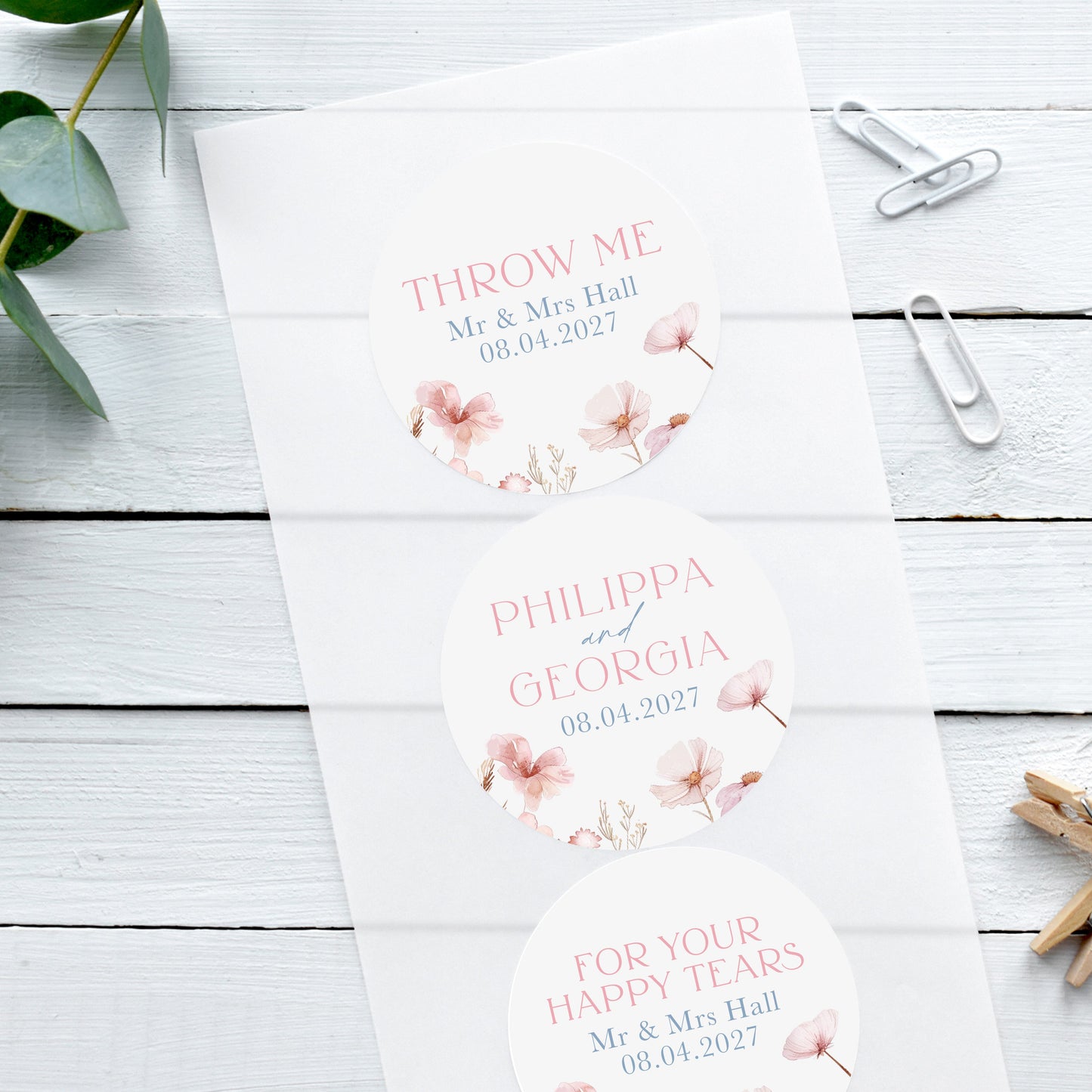 dusky haze wildflower wedding stickers, personalised custom wedding stickers, pink and blue pastel theme with wildflowers, happy tear stickers, confetti stickers